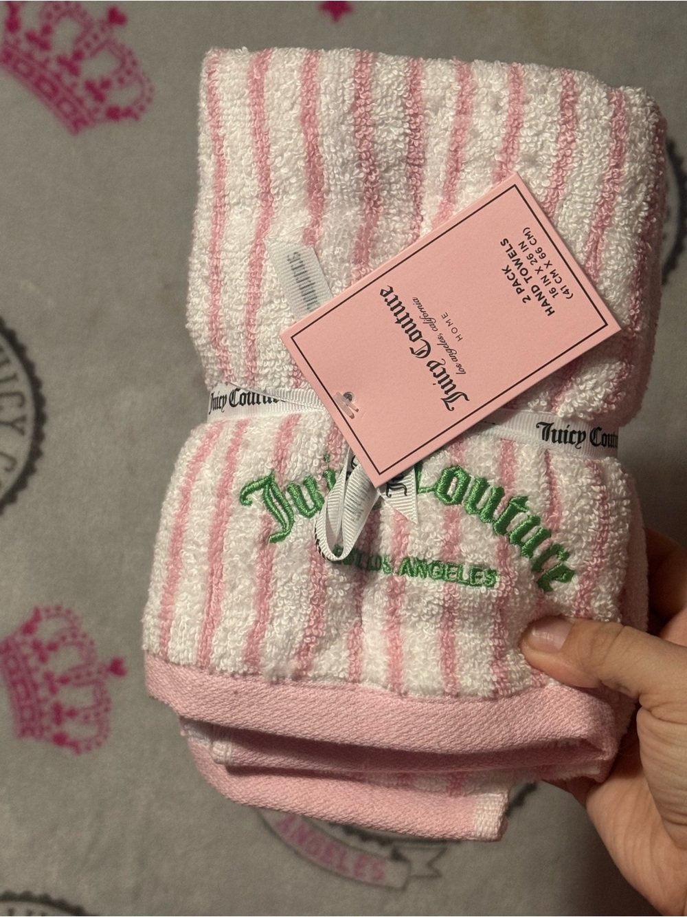 Juicy Couture Pink & White Striped Hand Towels with Green Embroidery